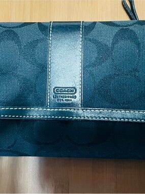 Coach Tri-Fold Black Signature Canvas Wallet with Leather Trim
